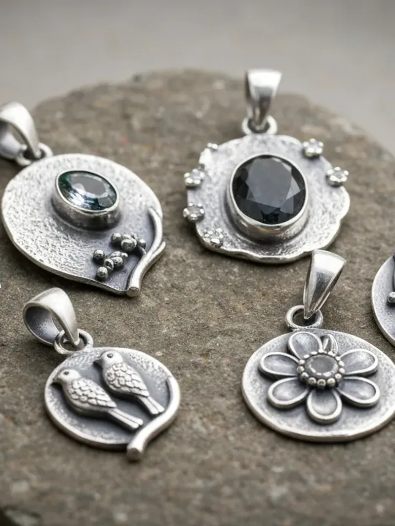 Silver pendants set with stones, displayed on stone