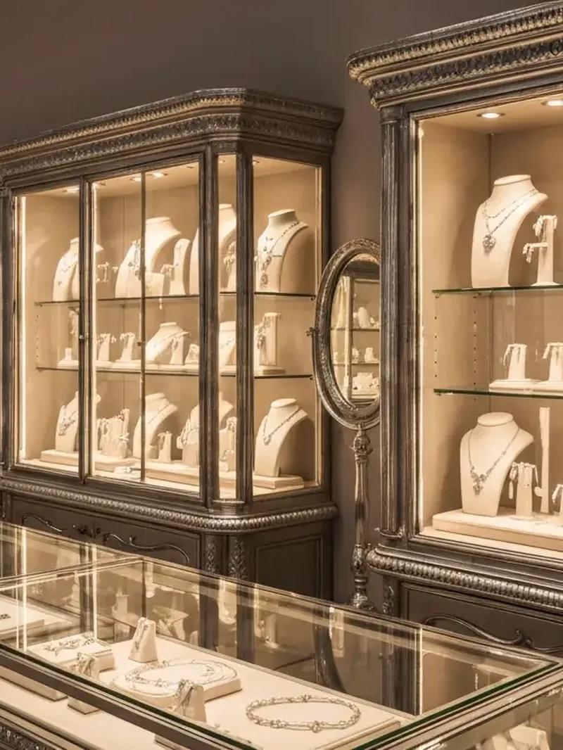 Jewelry displayed in lit glass cabinets