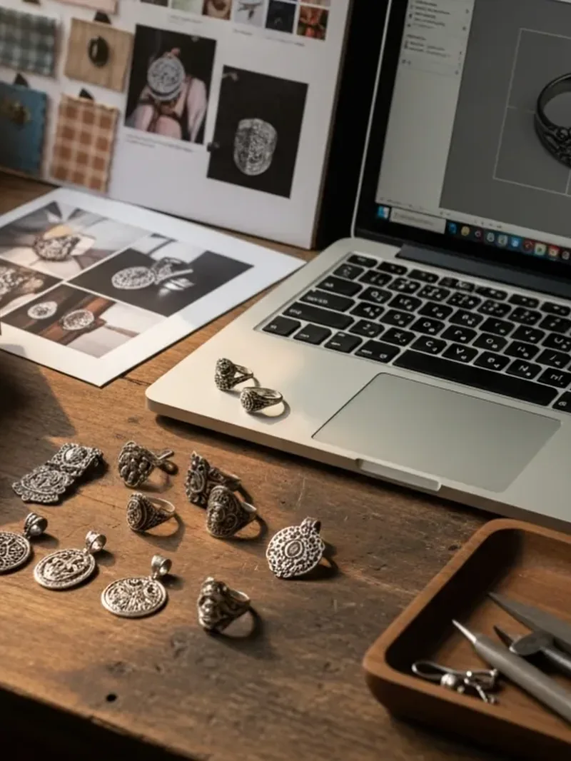 Design sketches, silver samples and a laptop on a workbench