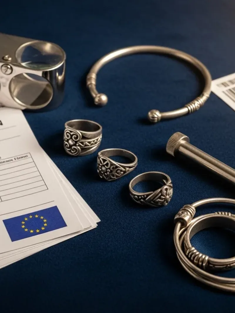 Silver rings and a bangle beside an EU document