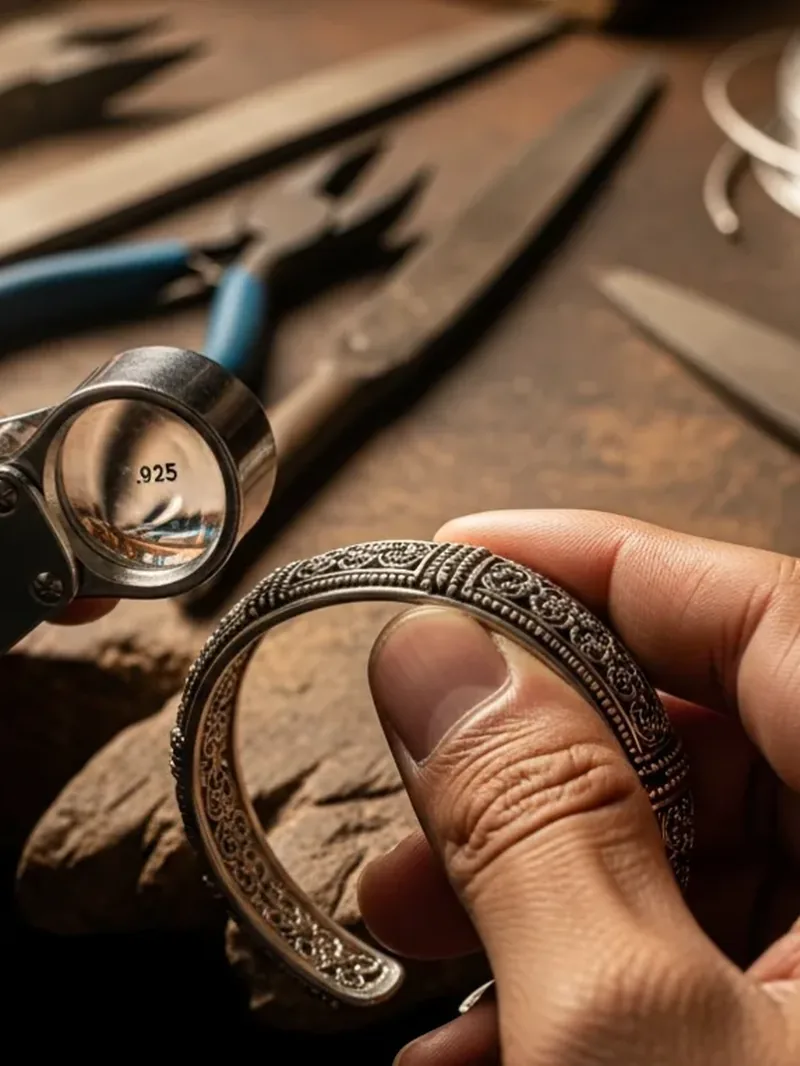 Hand holding an engraved silver bangle