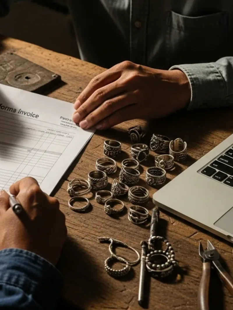 Signing an order document beside silver rings and a laptop