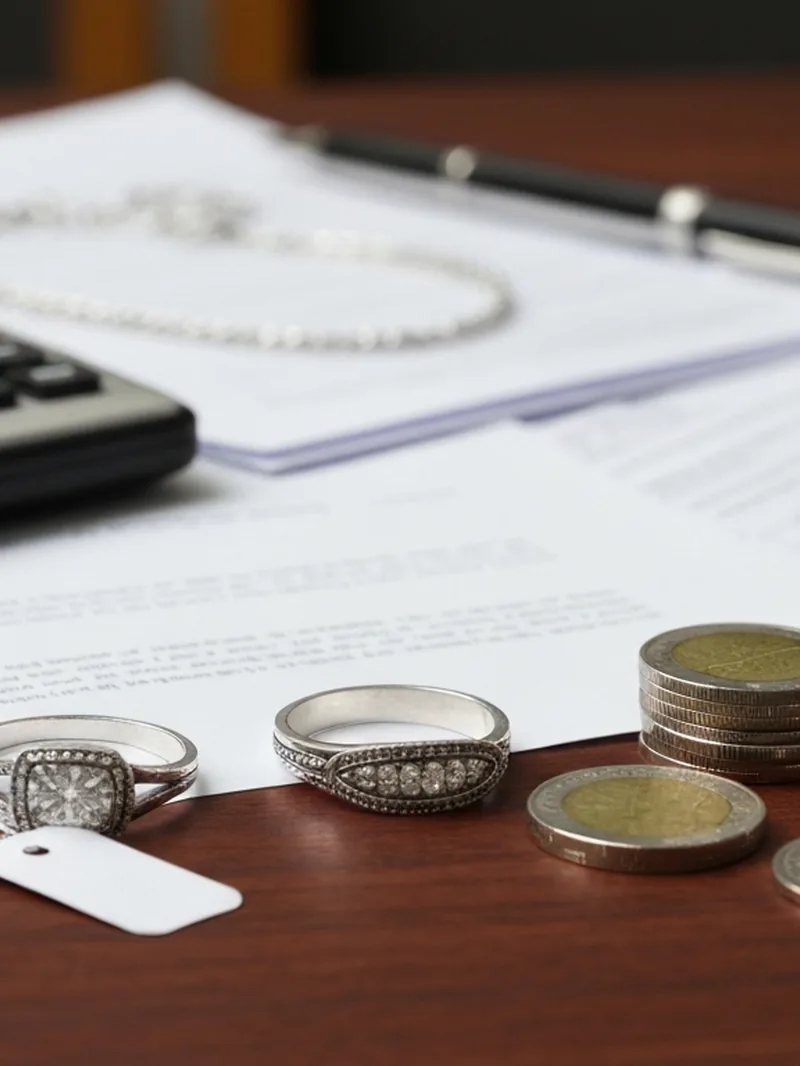 Silver rings, coins and a calculator on a desk