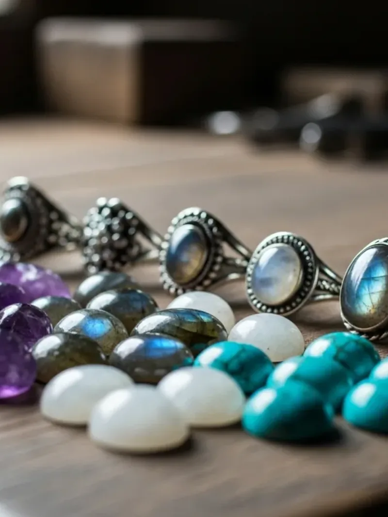 Silver rings set with turquoise, moonstone and labradorite