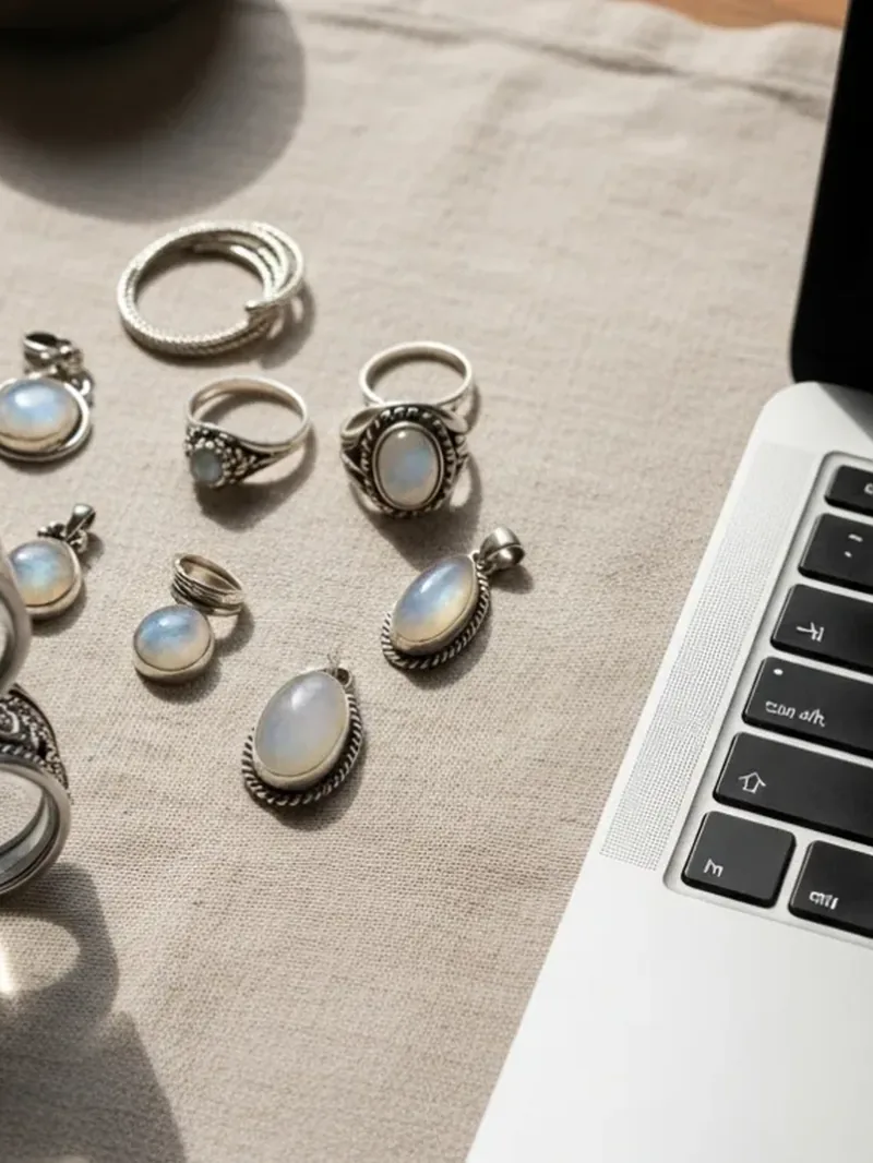 Silver rings beside a laptop