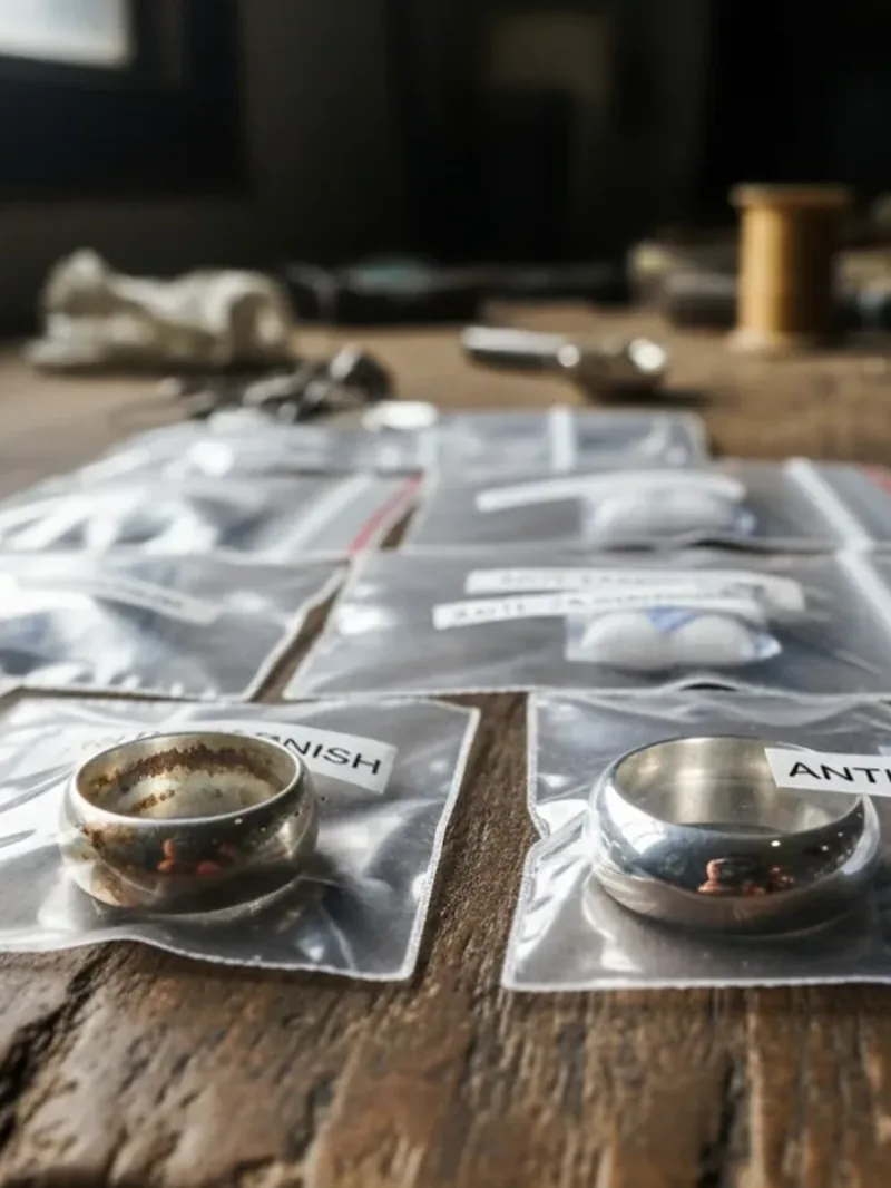 Silver rings in sealed packaging on a wooden surface