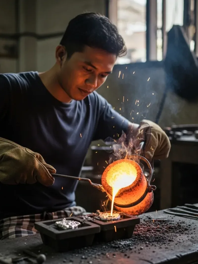 Artisan pouring molten metal in the workshop