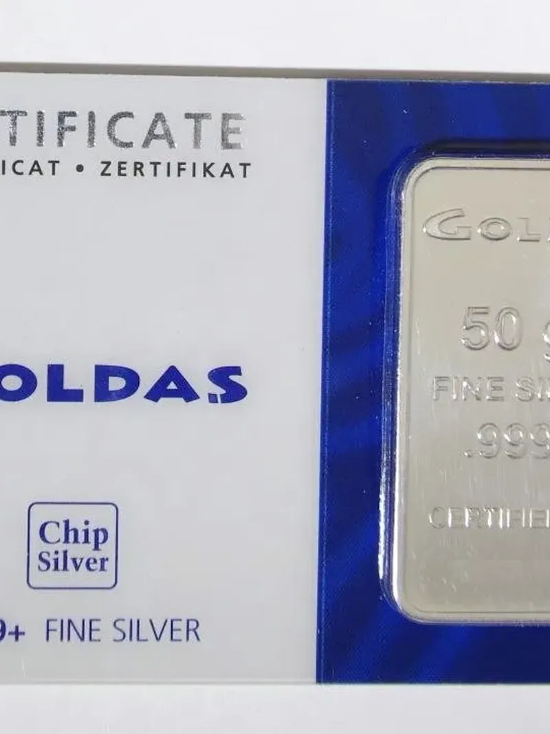 Silver bullion bar in a certificate card