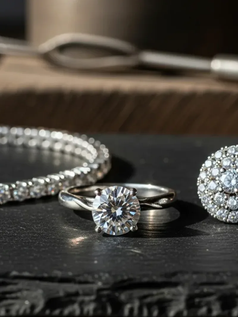 Silver rings set with clear faceted stones