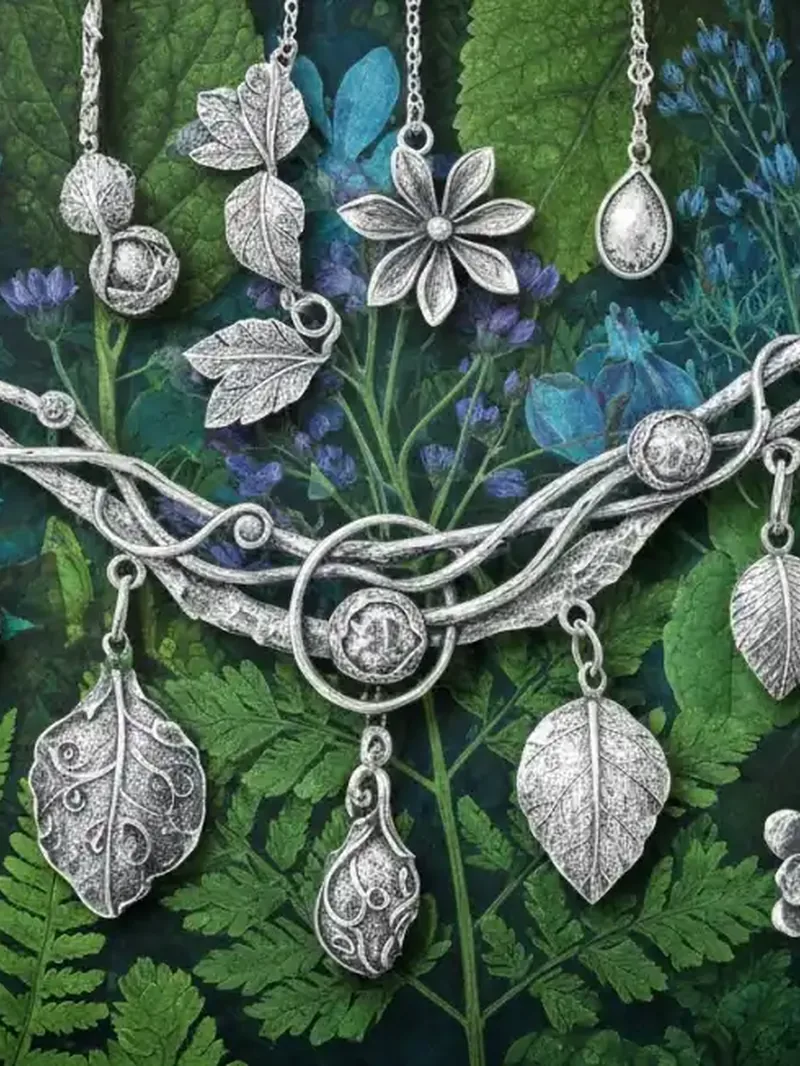 Silver necklaces with leaf and flower motifs