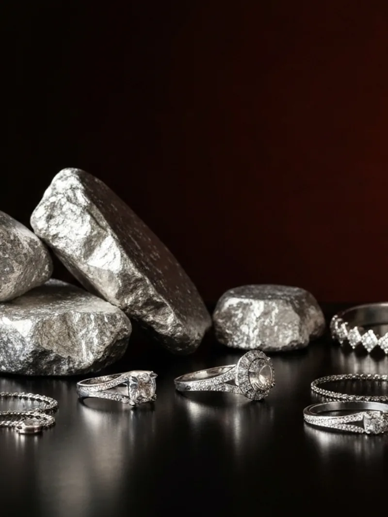 Raw silver nuggets beside finished rings
