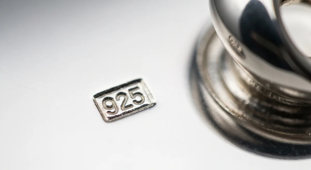 Close-up of the 925 stamp on a sterling silver piece