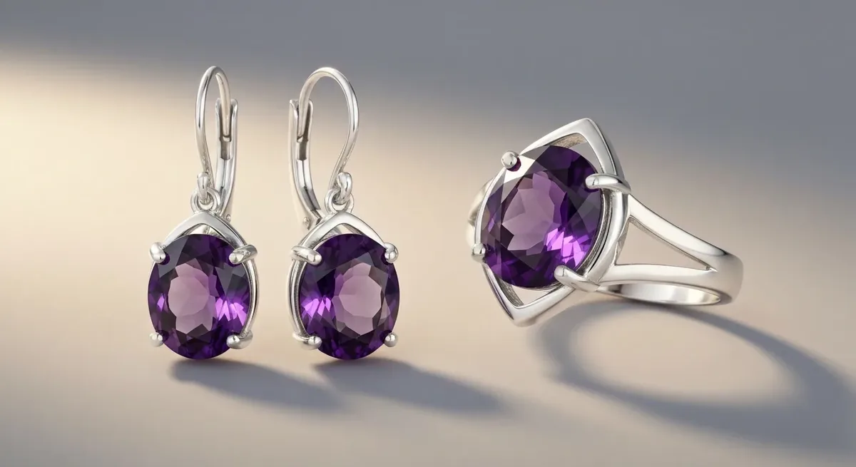 Silver jewelry set with amethyst