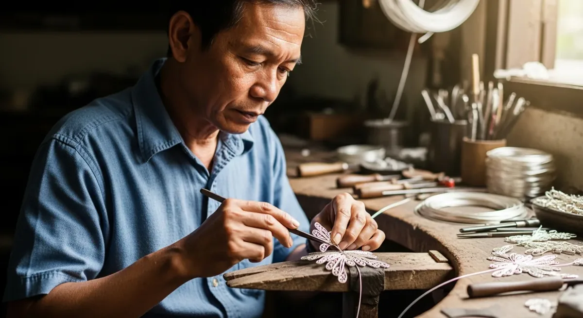 Artisan working on silver jewelry at a workbench