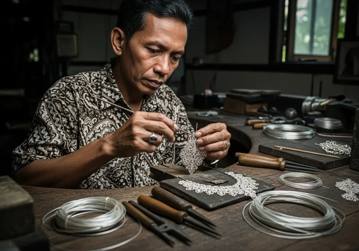 Artisan shaping silver filigree at a workbench with wire coils and hand tools