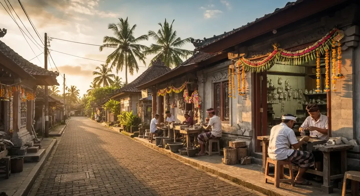 Silver and goldsmith shops lining a village street in Celuk, Bali