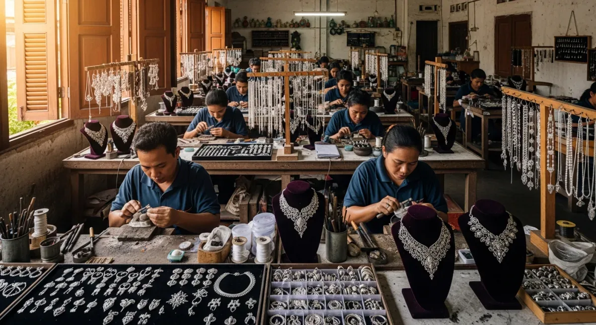 Artisans assembling silver jewelry at workbenches in a Celuk workshop