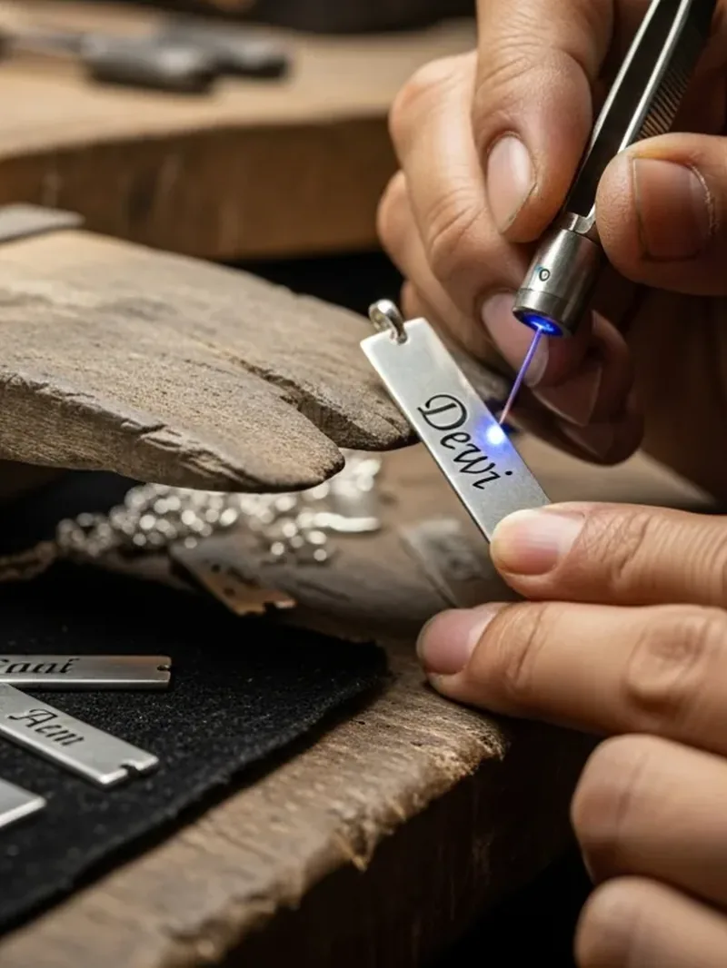 Hand engraving a personalised silver name plate at the bench