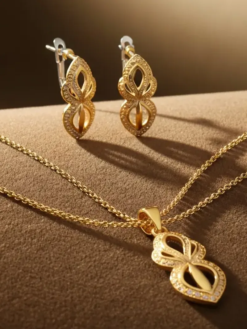 Gold pendant necklace with matching gold earrings