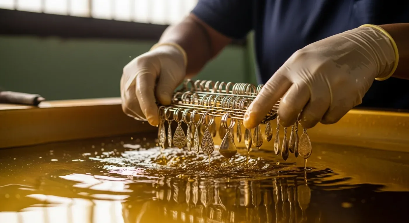 Gold plating over sterling silver in the workshop