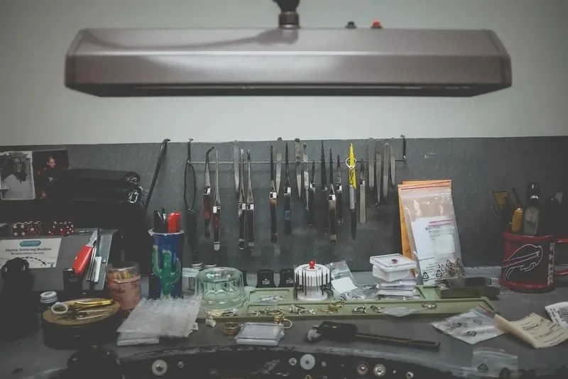 Jeweller's workbench with hand tools