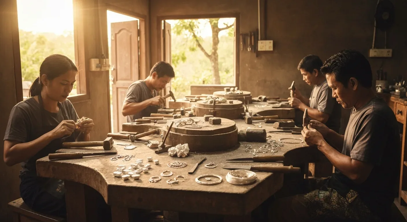 Jewelry workshop floor with benches and tools